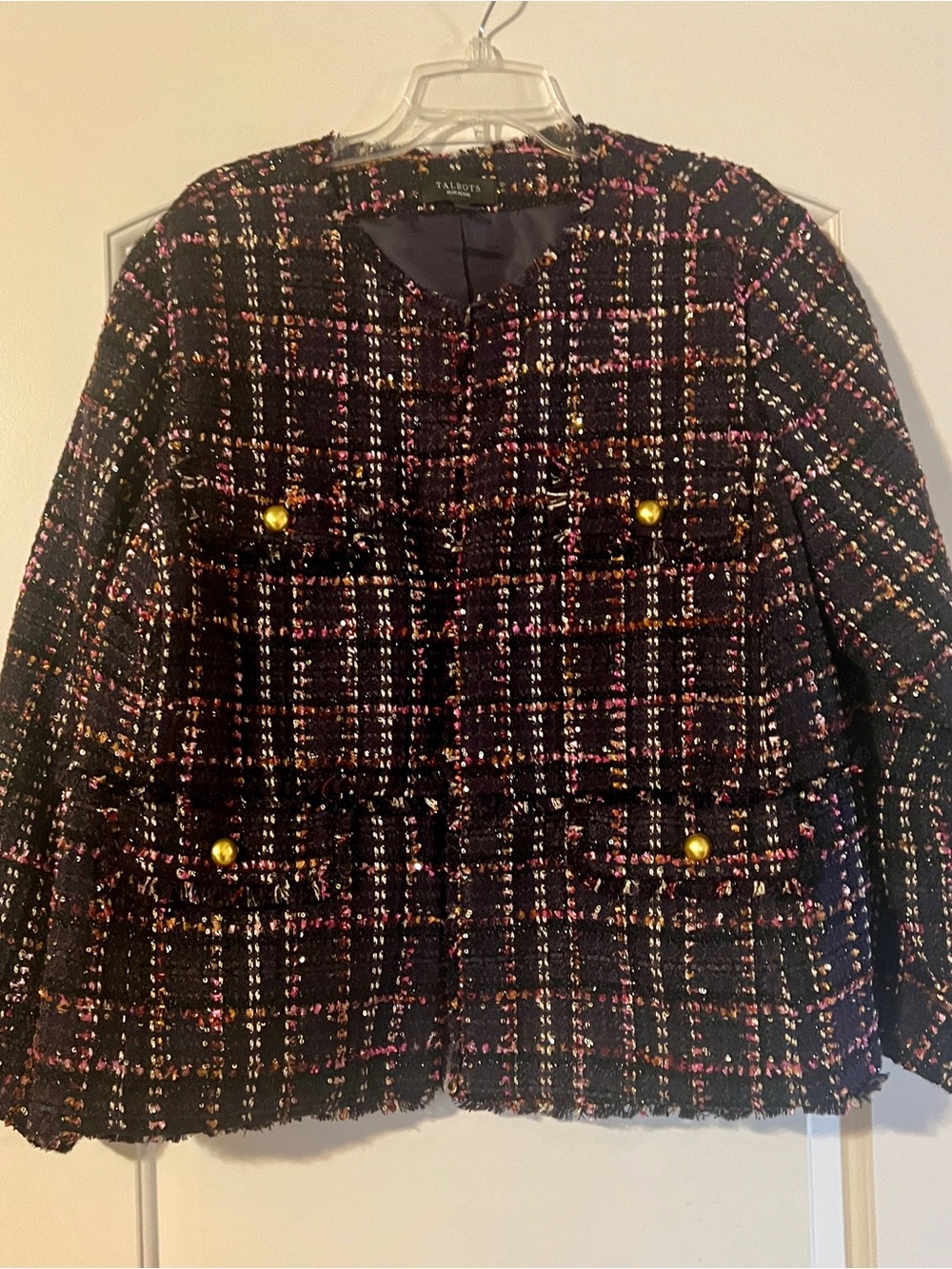 NWOT Talbots Black/Navy Tweed Jacket with Pink and Gold Threading